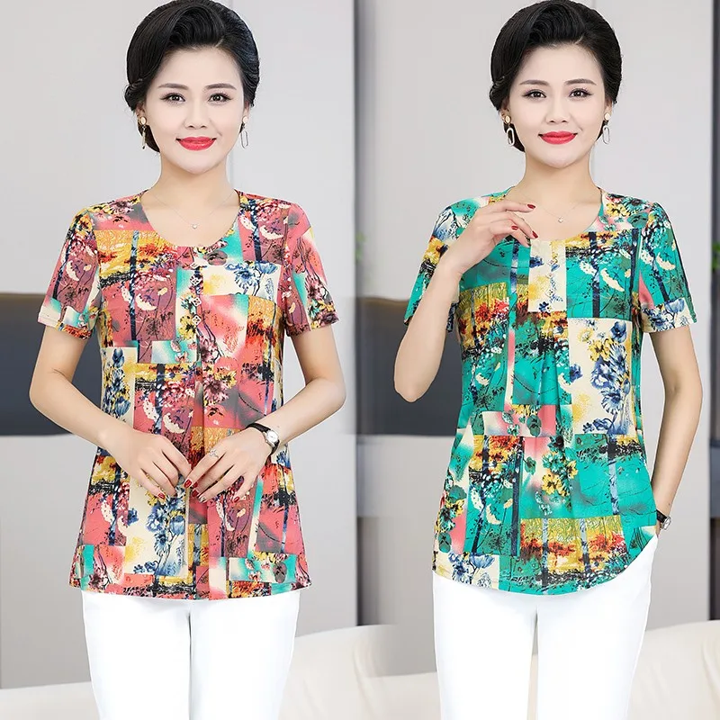 

NEW Printed Casual Short Sleeve T-shirt Summer Commute Round Neck Button Female Clothing Stylish Loose Midi Shirt