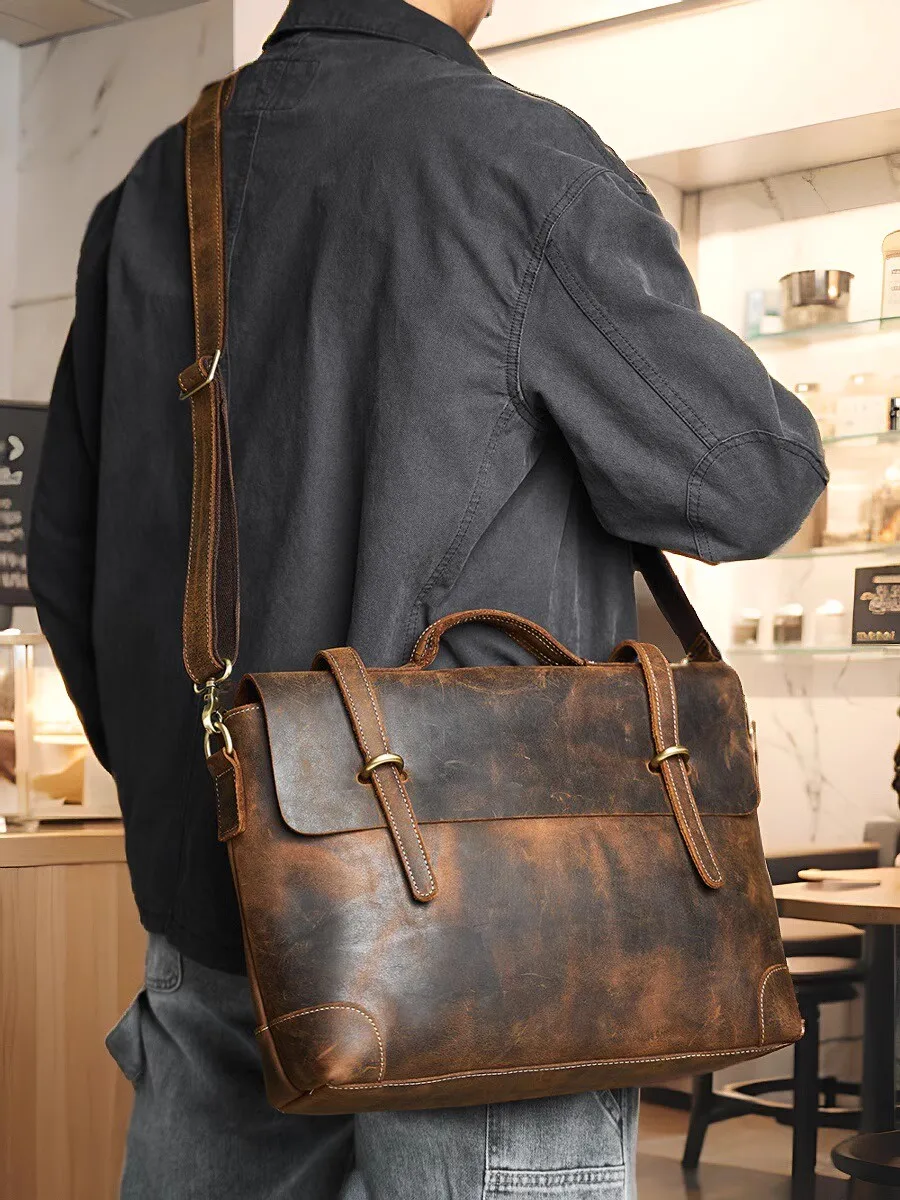 Nasva Echt leder Herren Aktentasche Vintage Handtasche große Kapazität Pendler tasche verrückte Pferd Leder lässige Laptop tasche – Detail 3