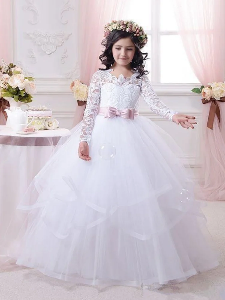 

White Flower Girl Dresses Tulle Tiered Appliques With Pink Bow Belt Long Sleeve For Wedding Pageant First Communion Gowns