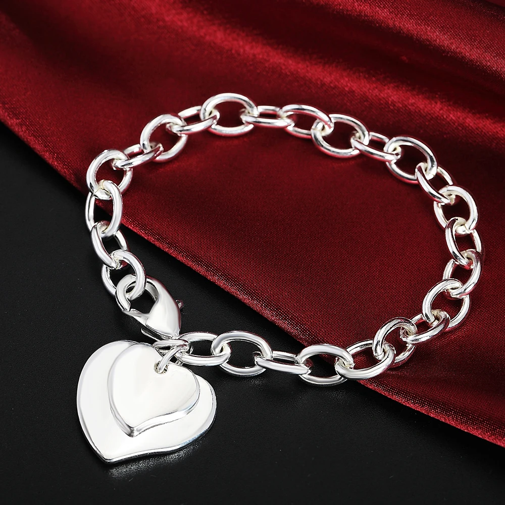 Hot new 925 Sterling silver Bracelets for women hanging Double Heart chain Wedding party lady Valentine's Day gifts Jewelry