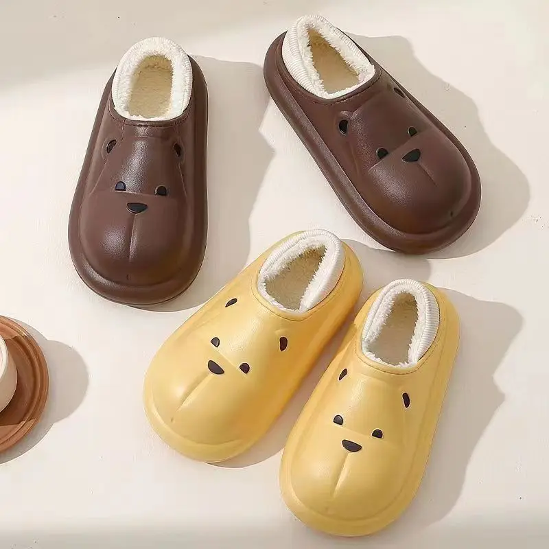 Waterproof Cotton Slippers For Women Autumn Winter 2023 Bear Indoor Home With Fleece Wrap Heel Thick Sole Warm Cotton Shoes