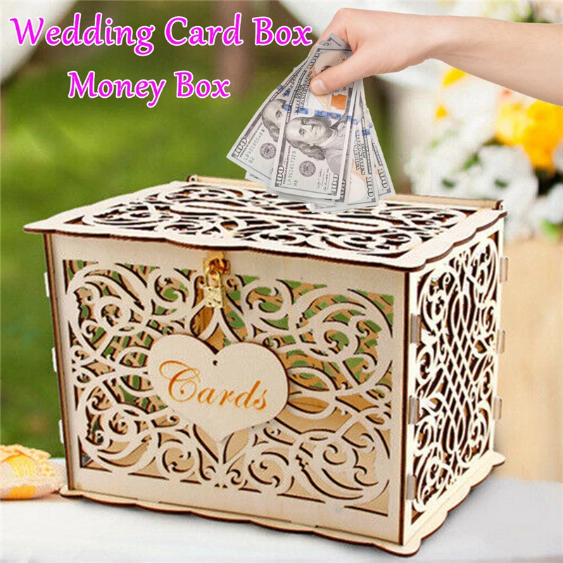 Caja de tarjetas de boda DIY, cajas de dinero de pareja de madera con cerradura, patrón Floral hueco, decoración de boda, sobre de regalo, suministros de cumpleaños