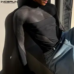 2023 Men Bodysuits Mesh Patchwork Turtleneck Long Sleeve Rompers Men Streetwear Transparent Sexy Fashion Bodysuit S-3XL INCERUN