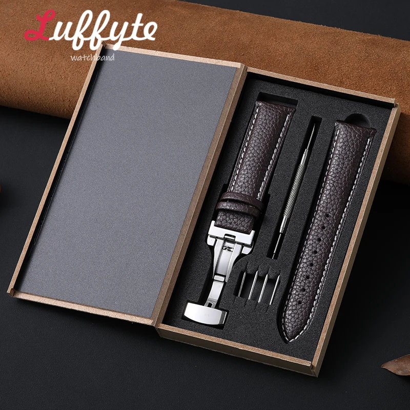 Elegant Lychee Leather Watch Band with Butterfly Buckle - Includes Gift Box