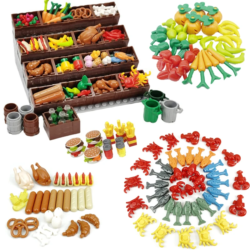 

Compatible With LEGO Food Market Display Rack City MOC Building Blocks Bread Chips Roast Chicken Seafood Fruit Basket Bricks Toy