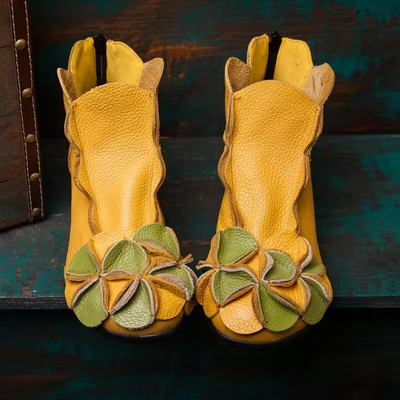 Ankle Boots Yellow Guenine Leather Flower Soft Genuine Leather Mom Classic Retro Chunky