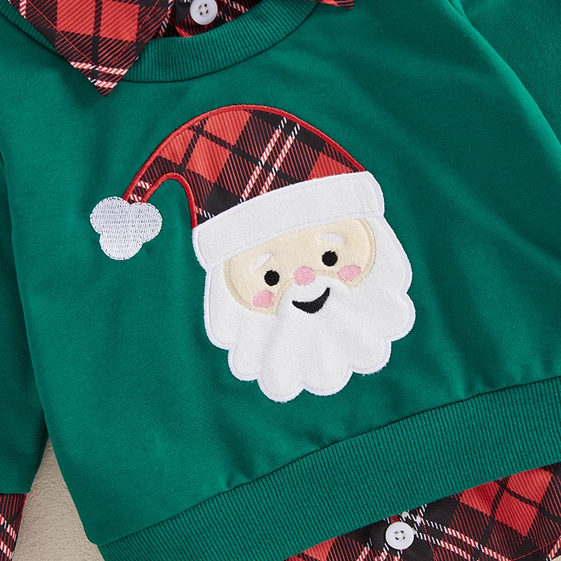 Kids Christmas Sweater Plaid Santa Reindeer Long Sleeve Lapel Neck Casual Two Fake Piece Pullover for Boys