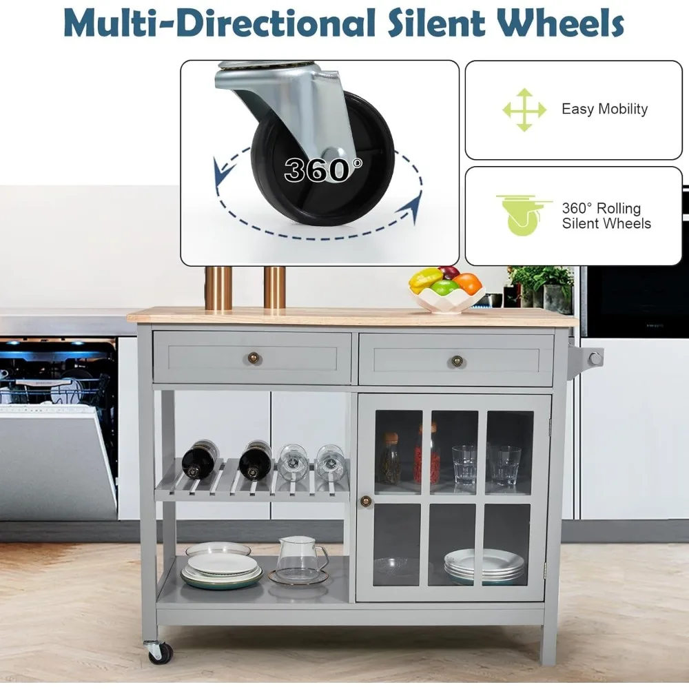 42" Kitchen Island Cart on Wheels, Rolling Storage Cabinet Station with Solid Wood Top, 2 Drawers, Towel Rack, Open Display Shel 3