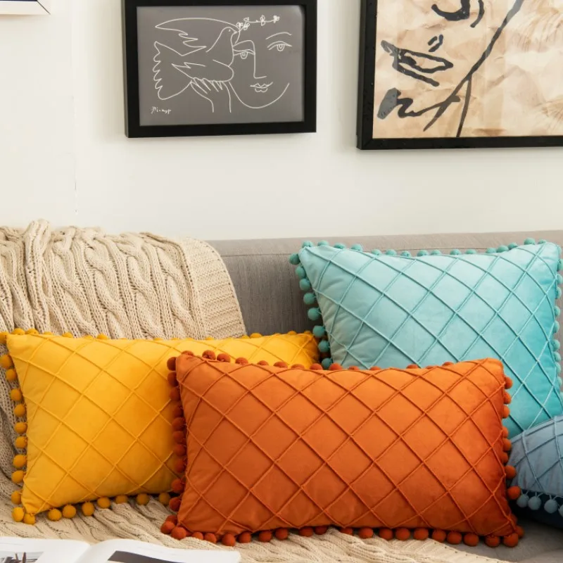 30x50cm 45x45cm Velvet Throw Pillow Cover with Cute Pompom Orange Pleated Decorative Farmhouse Boho Pillowcase Cuscini Divano 방석 6
