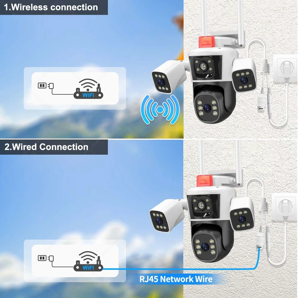 12MP 6K WiFi IPカメラ、3レンズ屋外ワイヤレスセキュリティカメラ