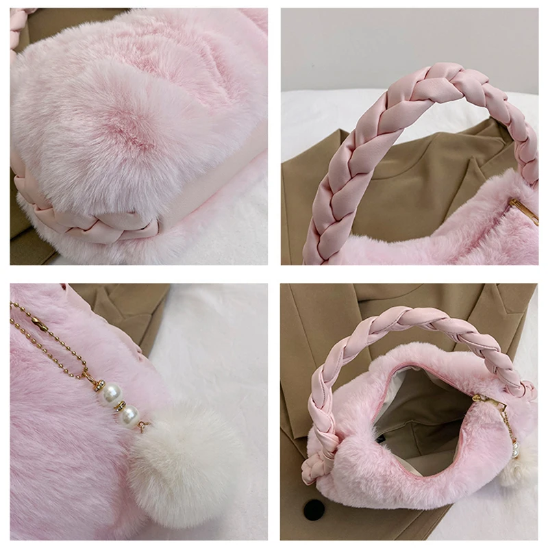 Y2K Fur Women's Bag 2023 Winter Eco Bag Korean Plush Twisted Handle Sling Bag Furry Saddle Bag Fluffy Tote Handbag Soft Purses