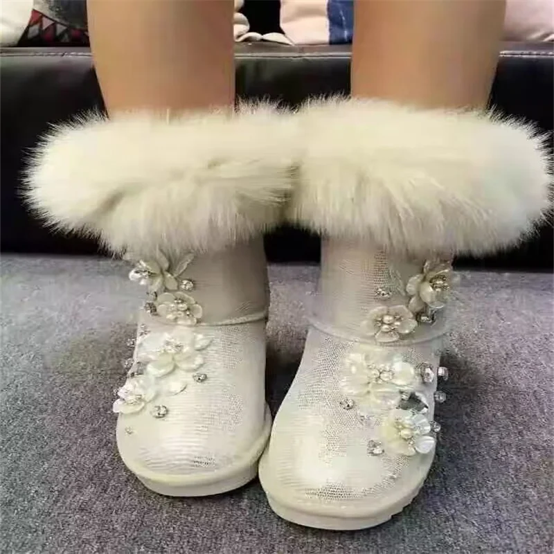 

Pearl flowers winter plus fleece warm fur one boot rhinodrill hand custom fox hair boots women's large size 35-44