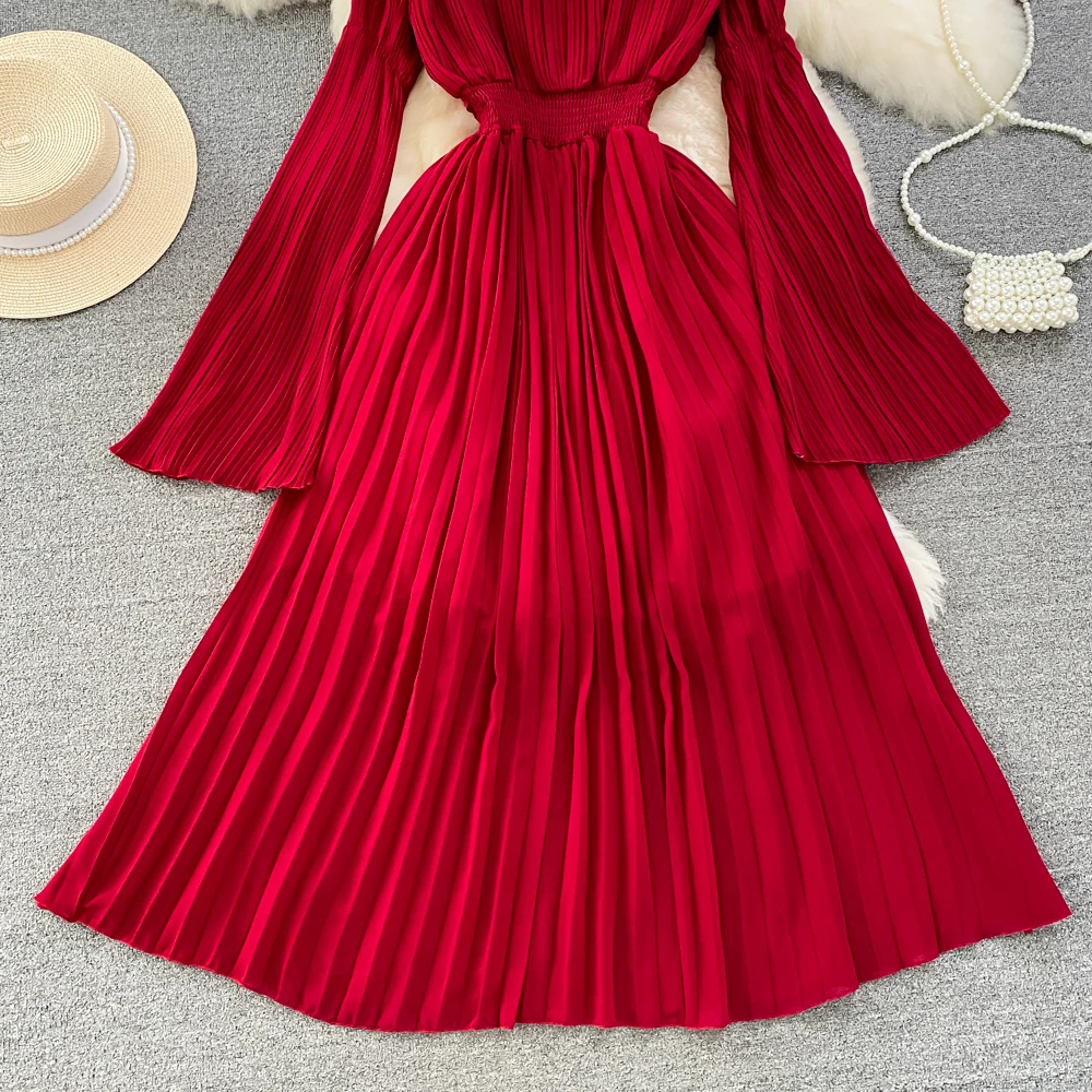 Autumn Flare Sleeve V-neck Midi Dresses for Women Solid Pleated A-line Elegant Party Dress Korean Fashion One Piece Vestidos New