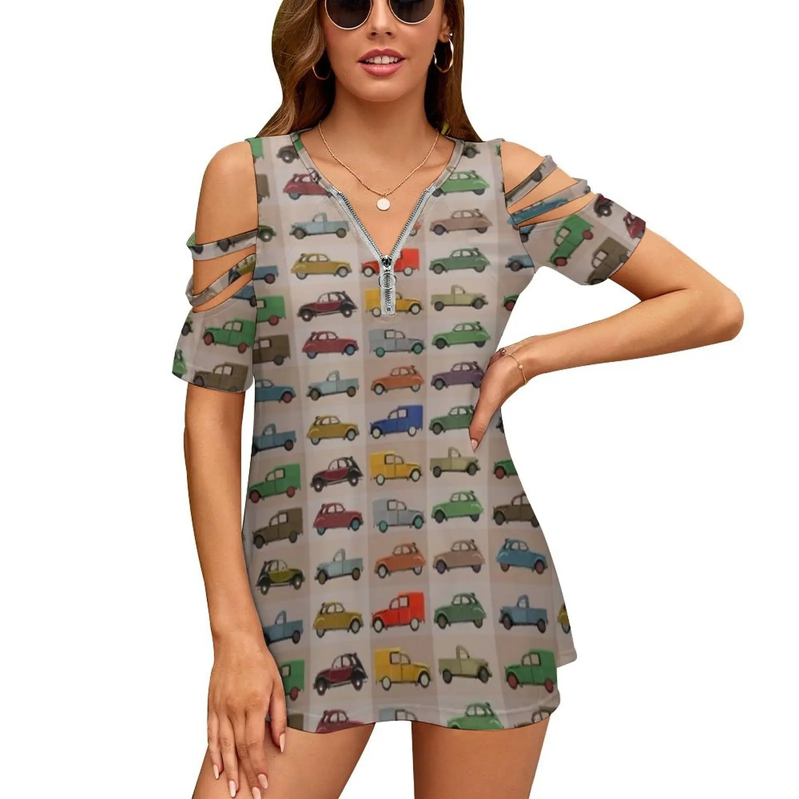 2Cv Pattern New Fashion Zip Off Spalla Top Manica Corta Camicia Donna Citroello 2Cv Modello Auto Modello Vintage Vintage
