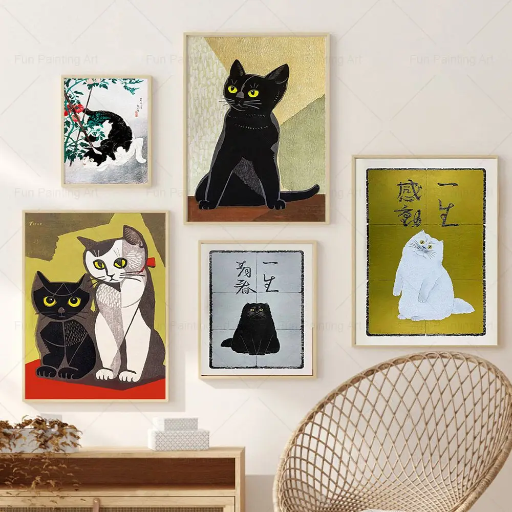 

Funny Japanese Kitten Posters Black Cat Prints Animal Vintage Canvas Painting Wall Art Picture Room Decor Cat Lovers Gift Poster