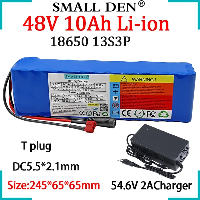 

New 48V 10Ah 18650 E-bike Lithium Battery Pack 13S3P Built-in BMS For 54.6V Electric bicycle Scooter Motorcycle+54.6V 2A Charger