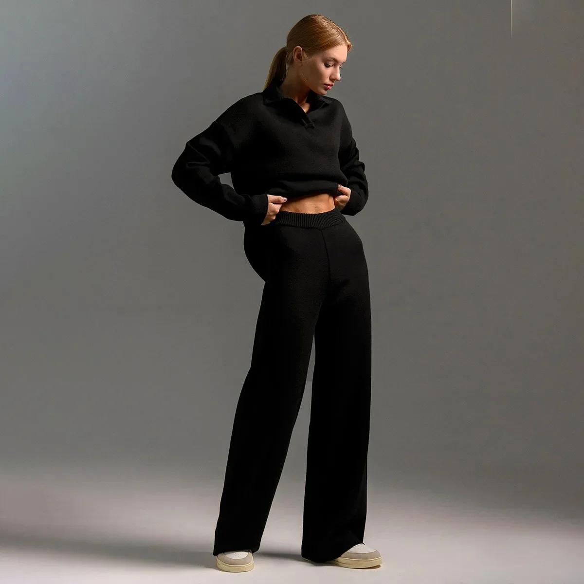 Bornladies Winter Thick Women Knitted Suits Soft 2 Pieces Sets Female Polo Neck Sweater & Wide Leg Pants Knitted Outfit