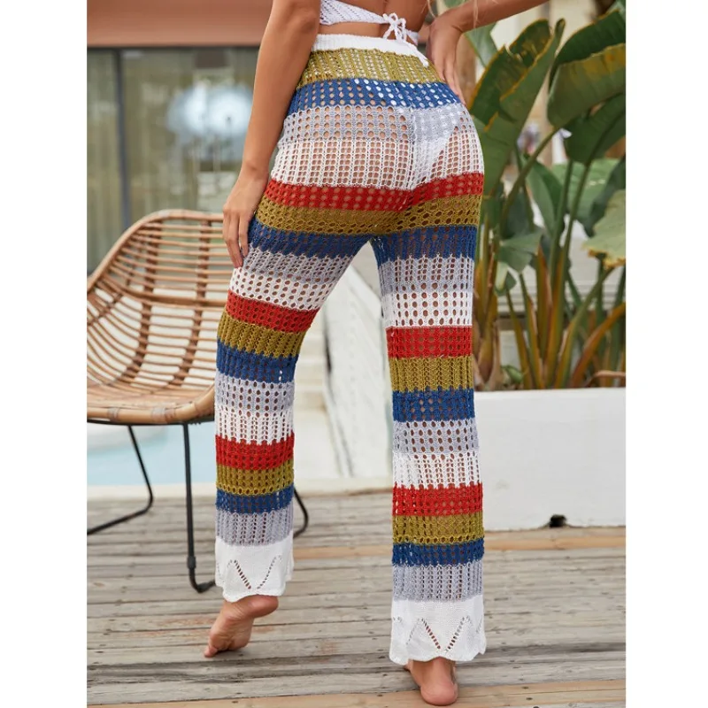 Womens Fashion Beach Wear Sun Protection Long Trousers Lace Color Patchwork Hollow Out Panty Sweater Rainbow Color Beach Wear
