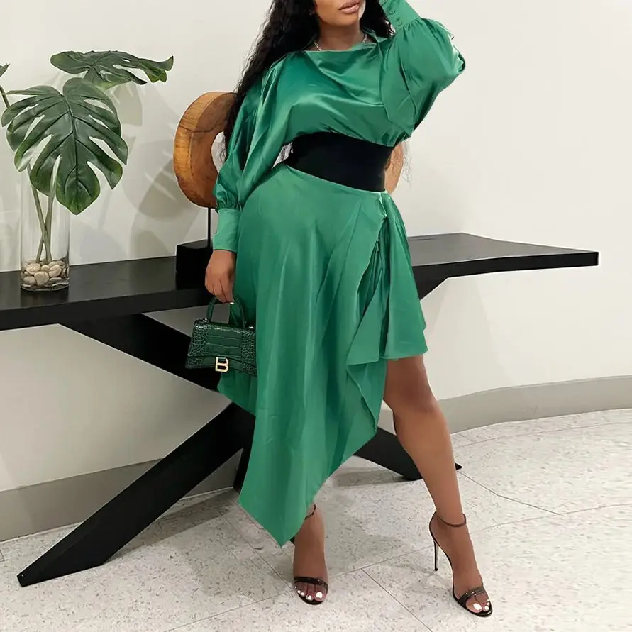 

Winter Fashion Dress Women's Solid Round Neck Long Sleeve High Waist Irregular Dress Elegant Commuter Fitted Dress Women