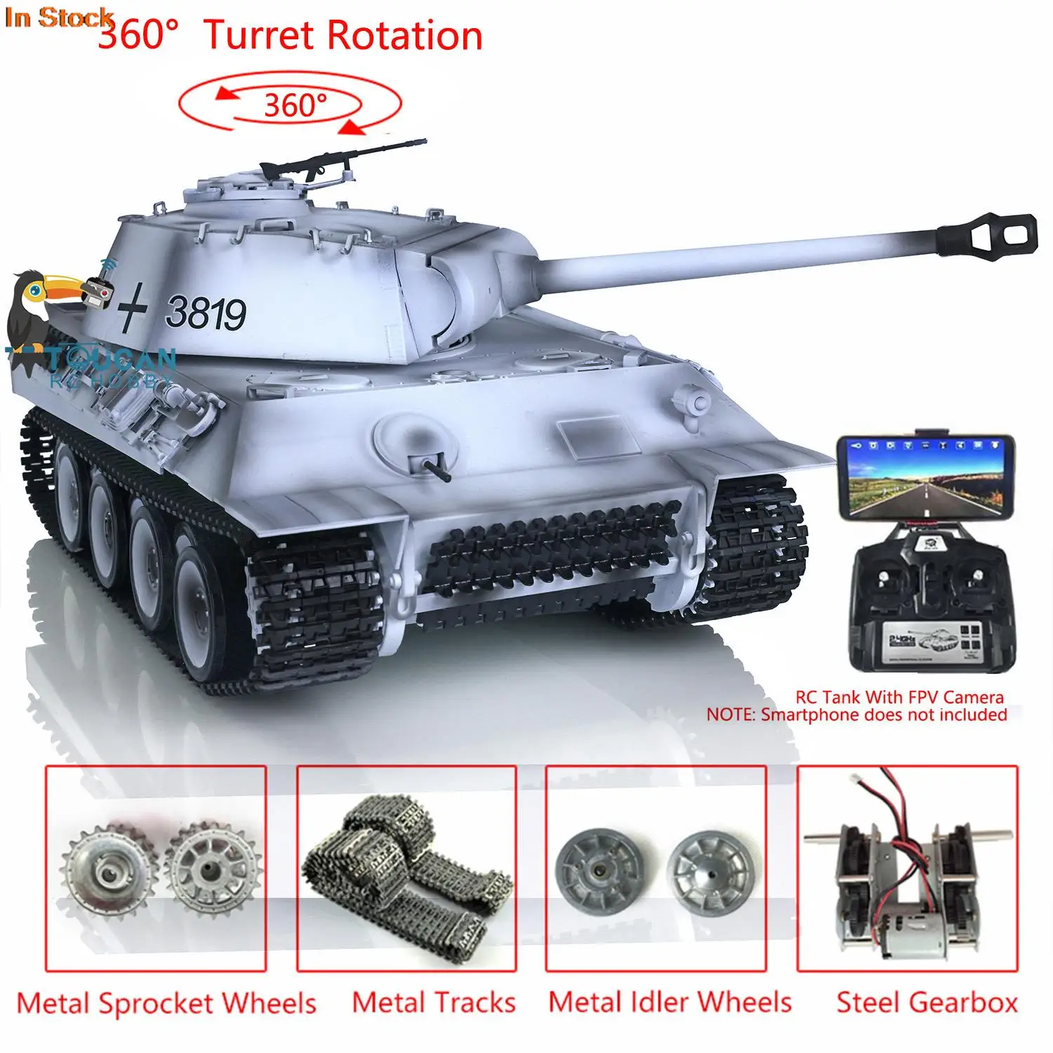 Heng Long 1/16 7.0 Upgraded FPV Camera German Panther V RTR RC Tank 3819 360° Turret Metal Sproket Wheels Tracks Idler TH17298 6