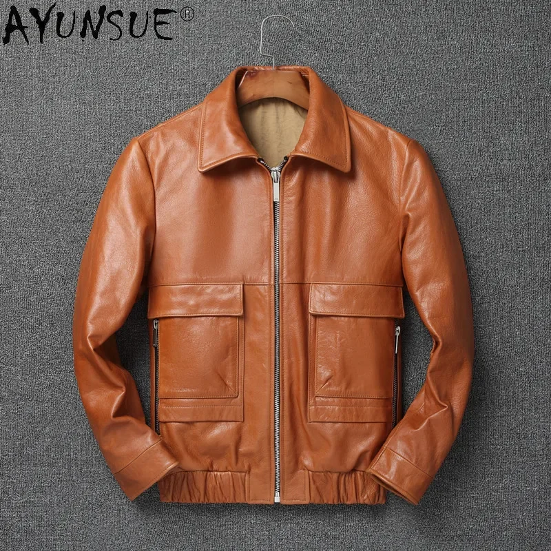 

AYUNSUE 2021 Short Genuine Leather Jacket Men 100% Cowhide Coat Motorcycle Clothes Plus Size 5xl Spring Autumn Hommes Veste