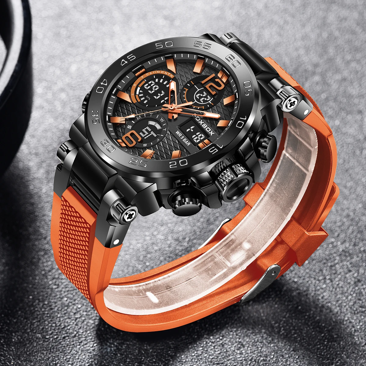 FOXBOX New Orange Silicone Waterproof Quartz Watches For Men Fashion Business Sport Men Digital Watch LED Electronic Clock Male