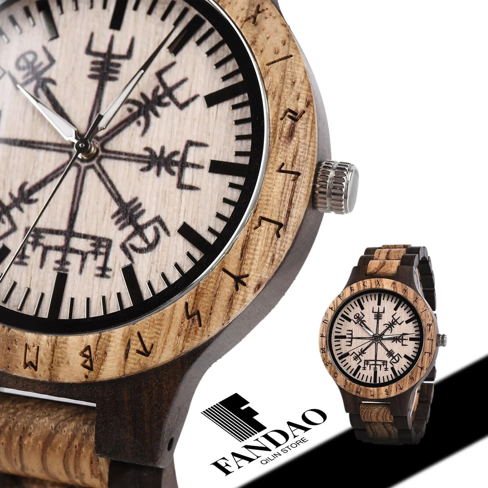 FANDAO VIKING Mens Wooden Watches, Vegvisir Tattoo Watch Face Retro Rune Men's Wooden Wrist Watch, With Strap Removal Tool