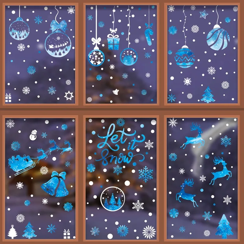 Blue Snowflake Christmas Window Stickers Santa Claus Snowman Elk Gingerbread Man Static Mirror Sticker Happy New Year 2026 Decor