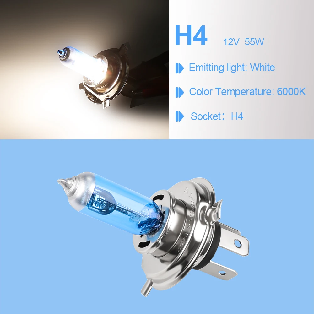 2pcs/lot  H4 55W P43T 12V Halogen Lamp 6000K Car Halogen Bulb Xenon Dark Blue Glass Super White Car Light Source