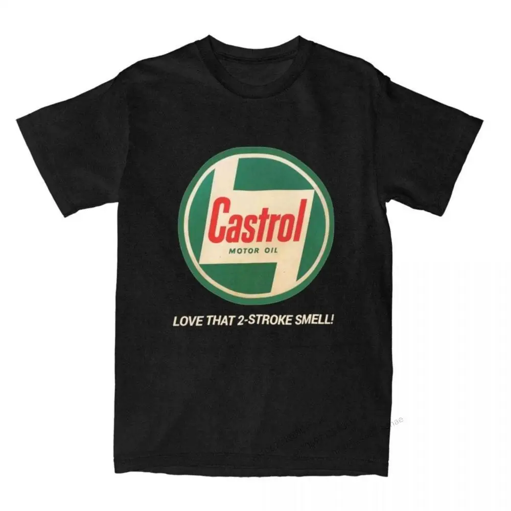 

Fun Classic Castrol Motor Oil Retro T-Shirt for Men Crew Neck Pure Cotton T Shirt Love that 2-stroke smell Short Sleeve Tees