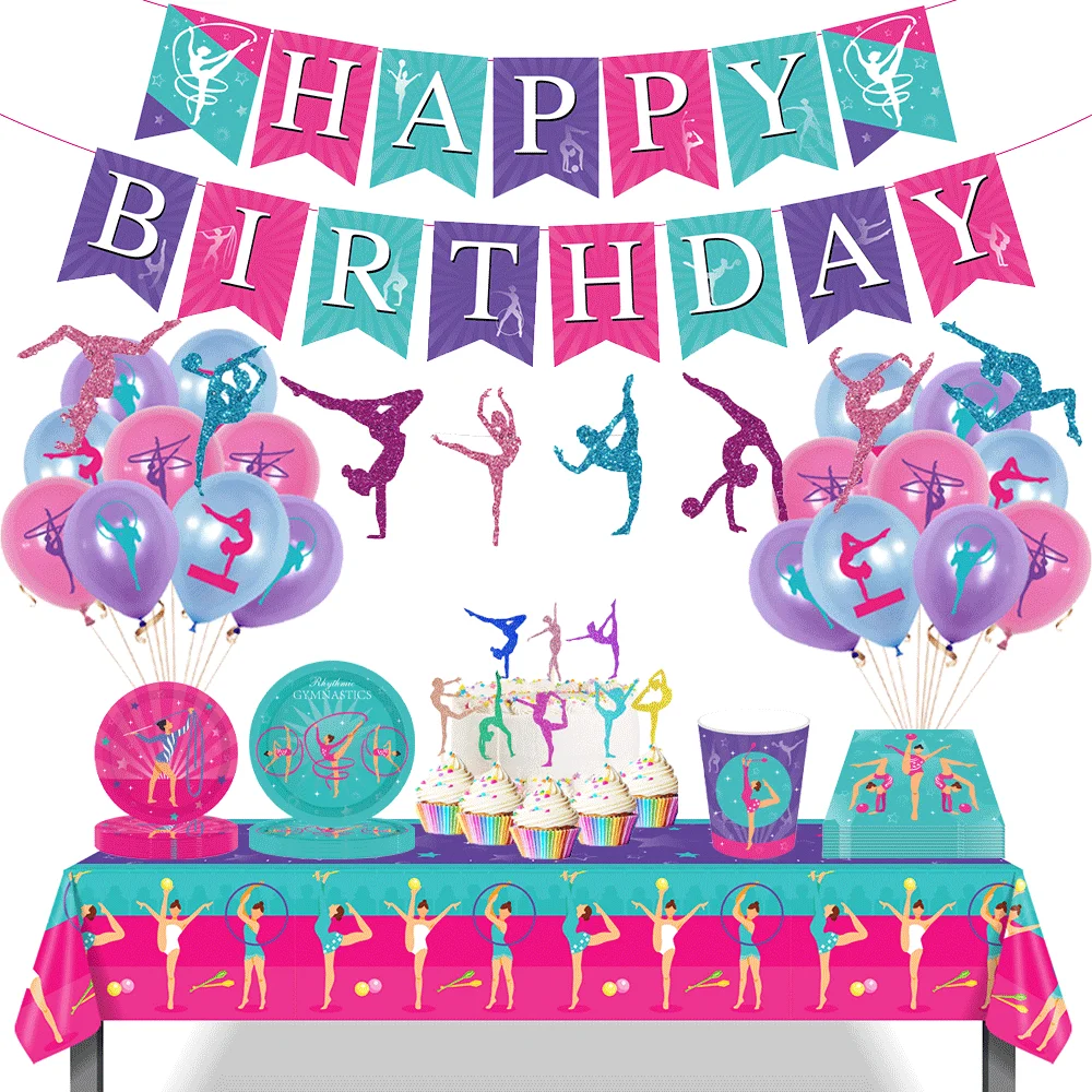 Gymnastik-Party-Tischdekoration, Tischdecke, Happy-Birthday-Banner, Kuchenaufsatz, Tanzende Elfenmädchen, Künstlerische Gymnastik Geburtstagsdekoration