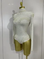 Luxury White Full Pearl Long Sleeved Stretch Bodysuit Women Birthday Evening Party Celebrate DJ Performance Nightclub Stage Wear - Image 2