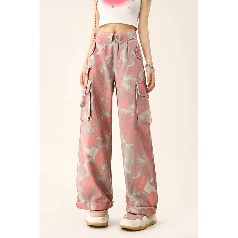 American Style High Waist Gradient Camouflage Pocket Women's Wide Leg Pants Autumn Streetwear Loose Slimming Hip Hop Trousers