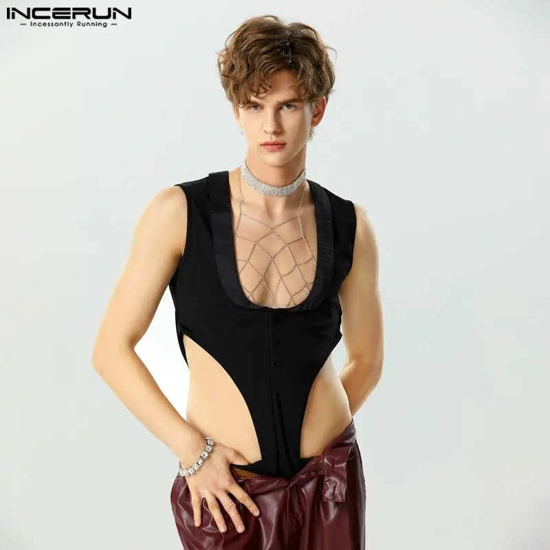 

INCERUN 2023 Sexy Men's Bodysuits Low Neck High Split Sleeveless Design Jumpsuits Fashion Solid Triangle Homewear Rompers S-5XL