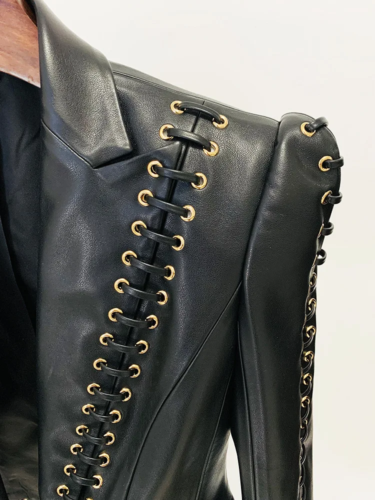 HIGH QUALITY Newest Fashion 2024 Designer Jacket Women's Rope Lacing Up Slim Fitting Leather Blazer 4