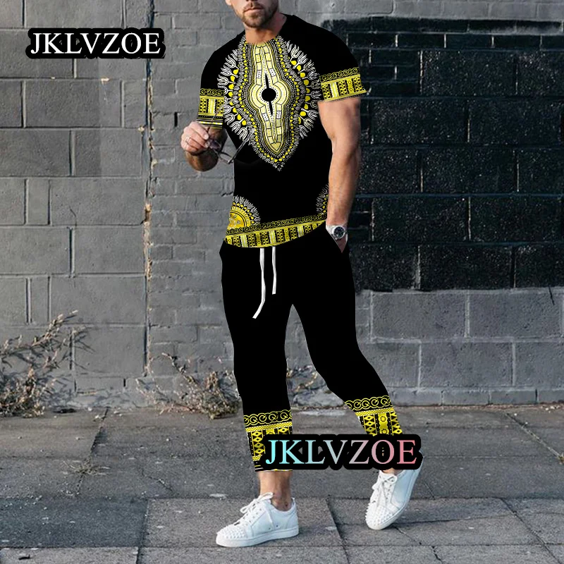 

2023 New Men's 3D Print African Style Solid Sleeve+Long Pants Overside Male Clothing Tracksuit 2 Piece Set