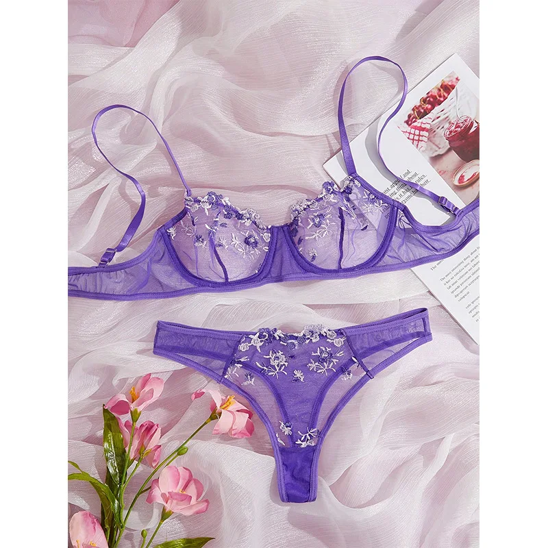 Women Lingerie Set Sexy Lace Fairy Embroidery Briefs Push Up Bra Thong