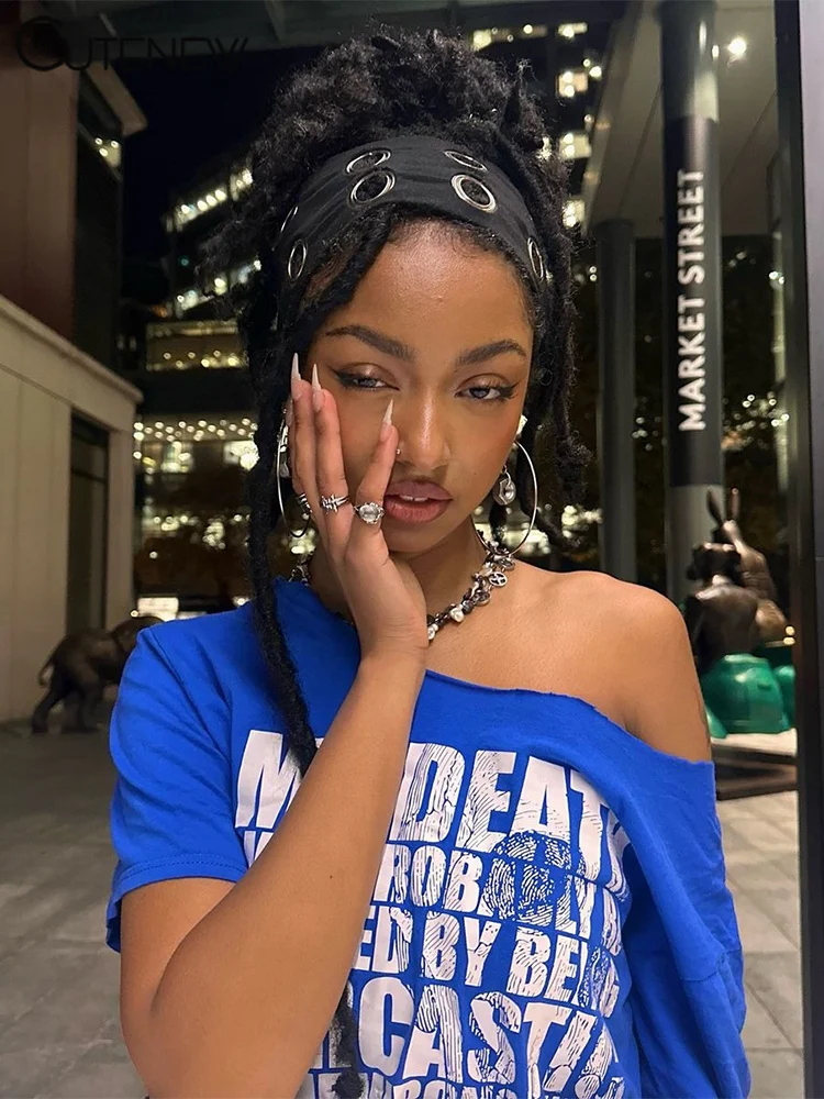 Casual Letter Print Women T-shirts Summer Concise Incline Shoulder Short Sleeve Oversized Tees Female Wild Street Tops