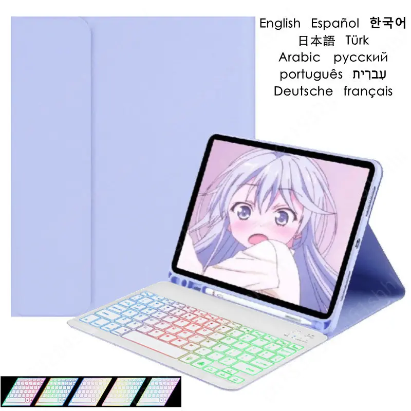 Rainbow Retroiluminado Teclado para Ipad 10 Geração Estojo de Lápis com Suporte Russo Inglês Hebraico Português Árabe Teclado Tampa