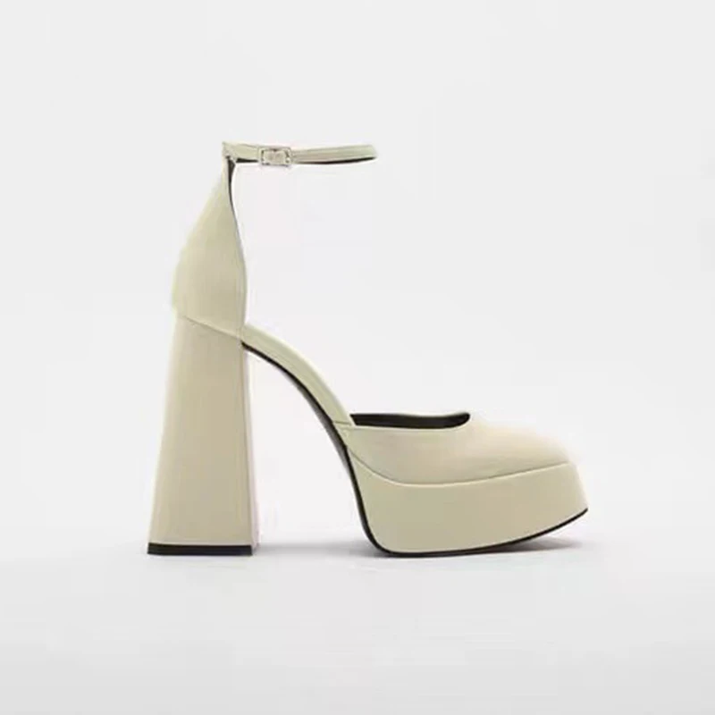 

Women's Platform Sandals Leather Shoes Mary Janes High Block Heels White Black Square Toe New Female Spring Summer 2023 Footwear