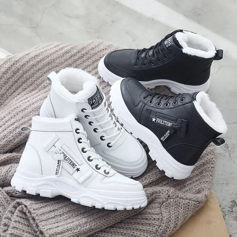 

2022 Winter Boots Women Ankle Boots Warm PU Plush Winter Woman Shoes Sneakers Flats Lace Up Ladies Shoes Women Short Snow Boots
