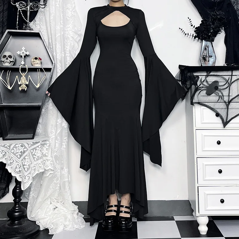 

Goth Dark Mall, готическое эстетическое элегантное платье миди, гранж-панк платье русалки с расклешенными рукавами, вечернее черное платье на бретельках, Alt Clothe