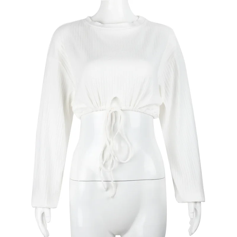 Women's Solid Color Loose and Thin Simple Sweatshirt Spring New Fashion All-match Short Drawstring Tie Round Neck White Hoodies