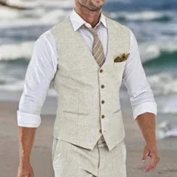 Beige Linen Suit Vest for Men Wedding Summer Beach One Piece Waistcoat V Neck Male  Fashion Cost 1