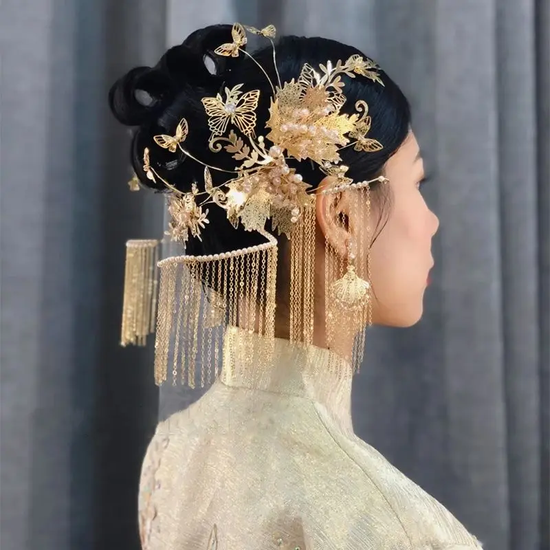 

Bridal Headdress Chinese Wedding Gold Ancient Costume Hair Ornament Wedding Xiuhe Clothing Accessories Tiaras and Crowns