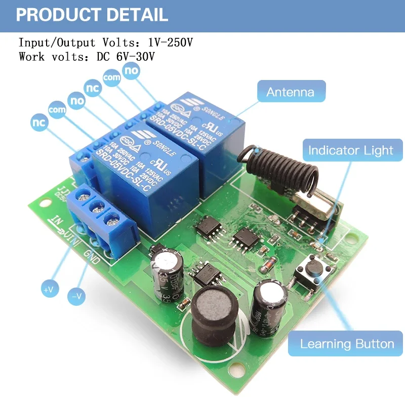 433.92Mhz DC 6V 12V 24V 10A 2CH Relay Module Receiver EV1527 Wireless Remote Control 433 Mhz Remote Switch for DC Motor DIY