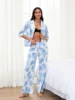 Women s Pajama Set Tropical Leaf Print Short Sleeve Button Down Tops Elastic Waist Pants 2 Piece Lounge Outfit 3