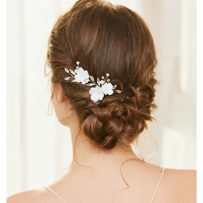 Floralbride Alloy Leaf Ceramic Flower Rhinestones Crystal Pearls Bridal Hair Pins Wedding Hair Sticker Women Hair Accessories