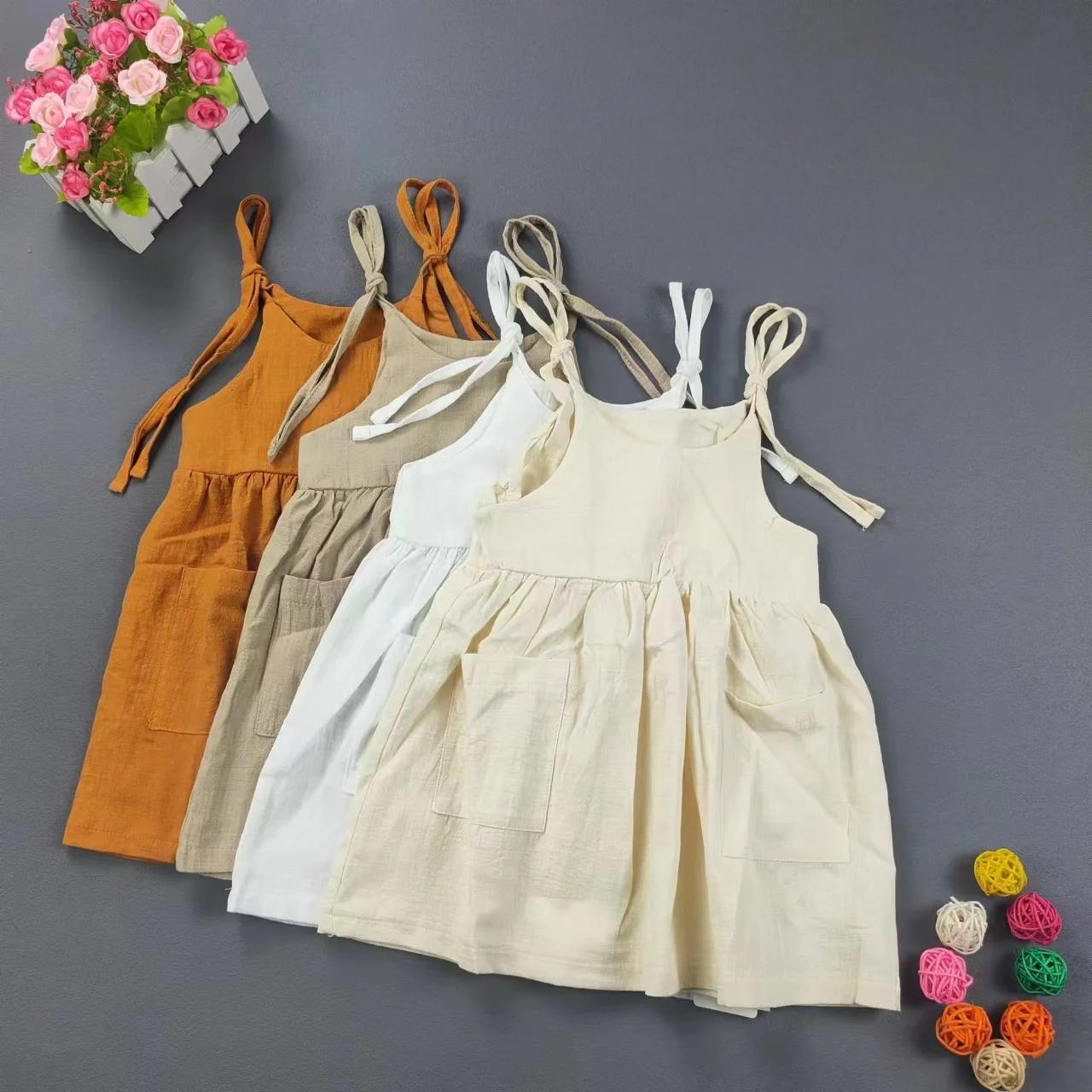

Children's Dress Girls' Summer Solid Cotton Linen 2 Side Pocket Suspended Dress Girls' Casual Wear