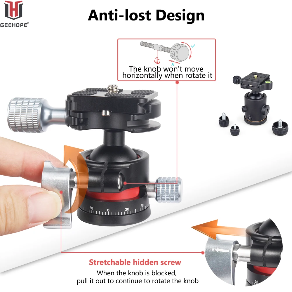 Geehope CE-28 로우 프로파일 삼각대 헤드, Arca Swiss Plate가 있는 DSLR 카메라용 360 ° 파노라마 금속 볼 헤드, 1/4 인치 나사 하중 5kg
